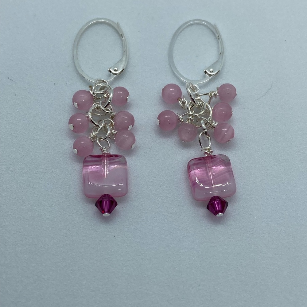 SOLD. Pretty pink hues wire wrapped chandelier earrings
